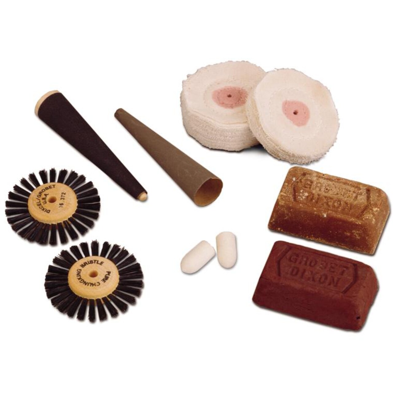 Tripoli & Rouge Polish, Cotton & Muslin Buffs, Bristle Wheels, Felt Bobs & Emery